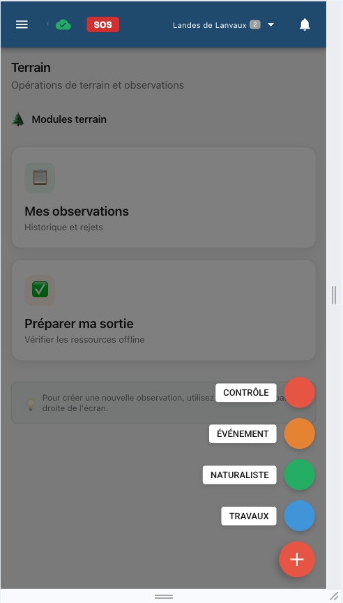 Menu FAB - Catégories d'observation